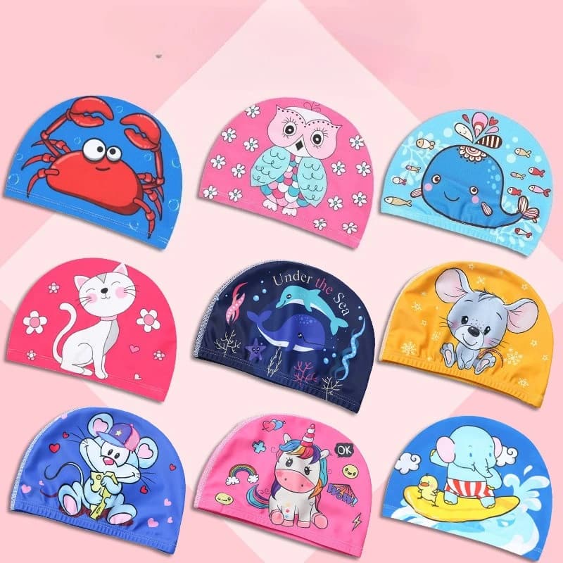 Cuffia da nuoto per bambini, unisex, impermeabile, con protezione per le orecchie, cuffia da nuoto stampata con simpatici cartoni animati alla moda