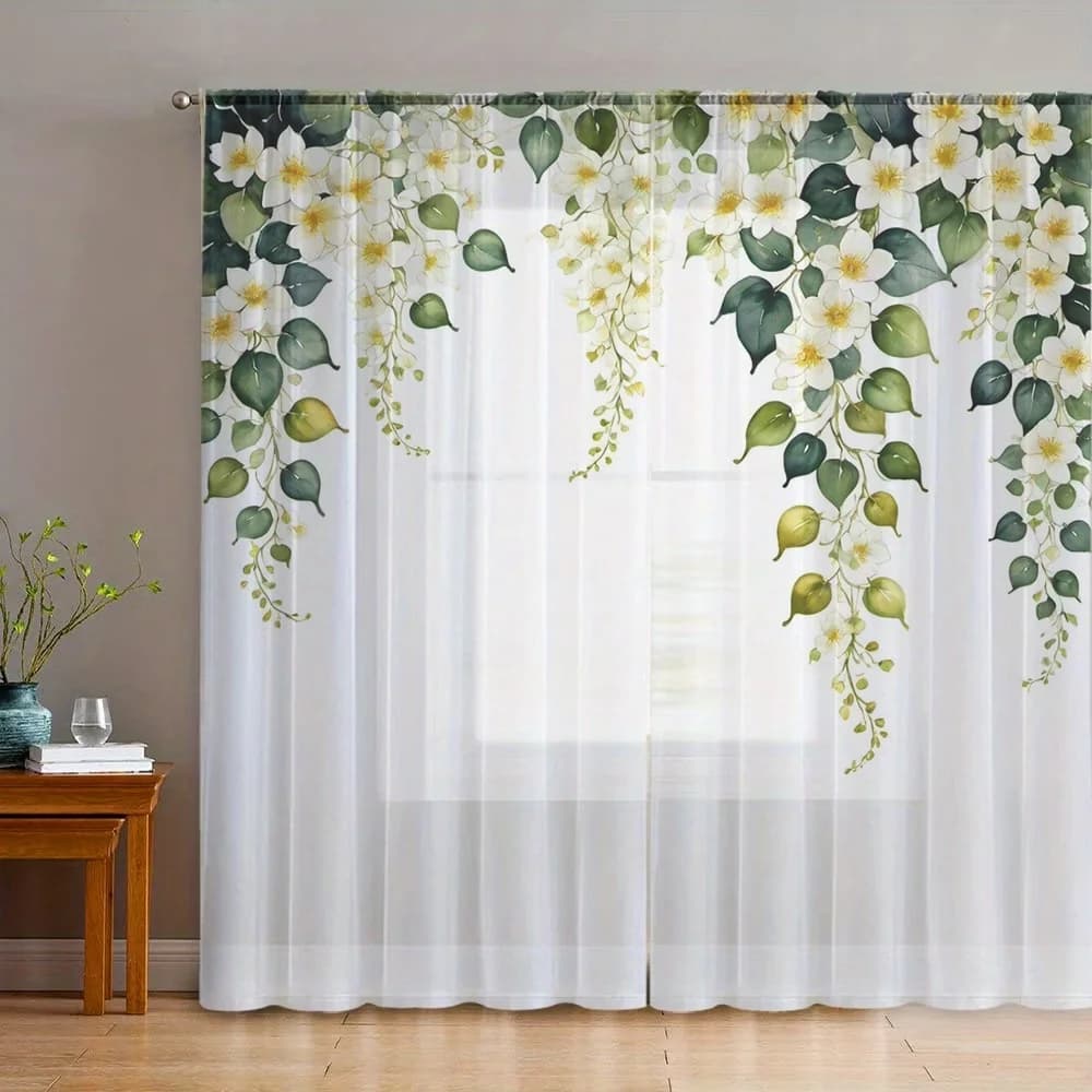 Digital Printing Sheer Curtain, Hanging White Flower Vine Pattern, Pastoral Fresh Spring Garden Window Treatment Decor