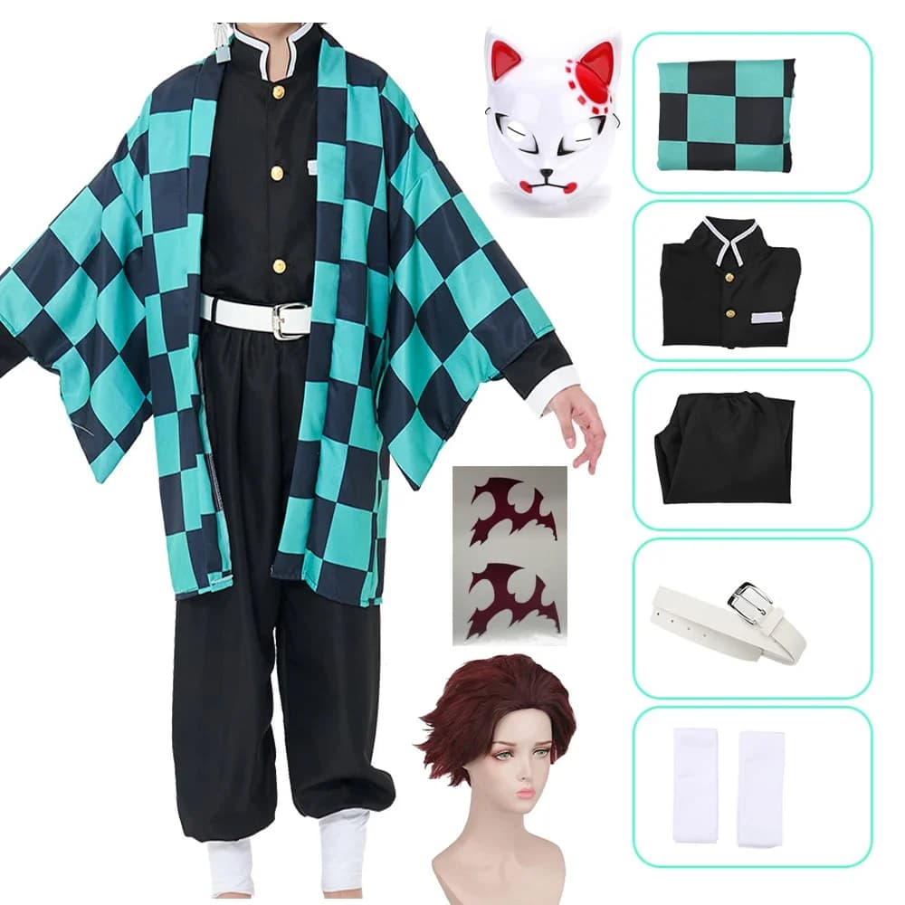 Anime Demone Slayer Kamado Tanjirou Costume Cosplay Kimetsu No Yaiba Costume comic Sutis Halloween Wigs For Adult CosParty