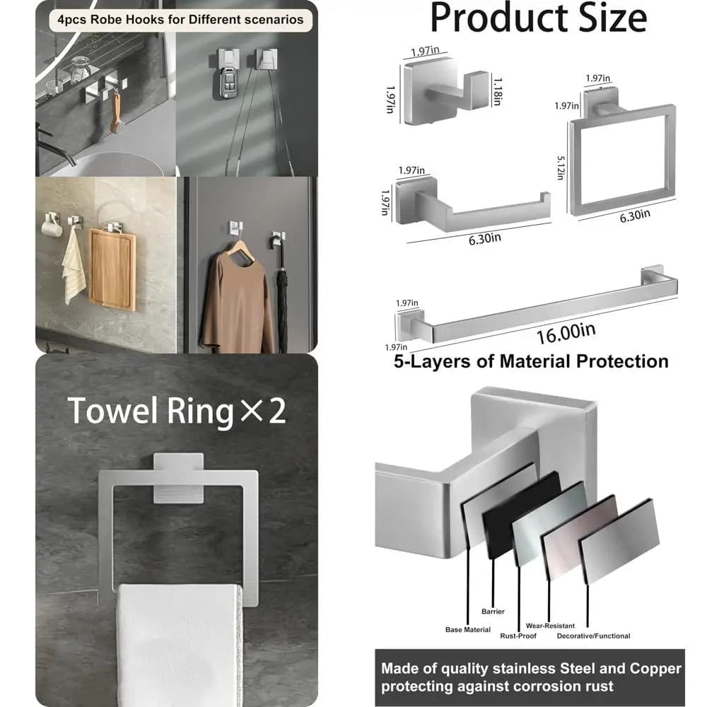 Set di accessori da bagno da 10 pezzi in nichel spazzolato con 16 portasciugamani, anelli, supporto e ganci