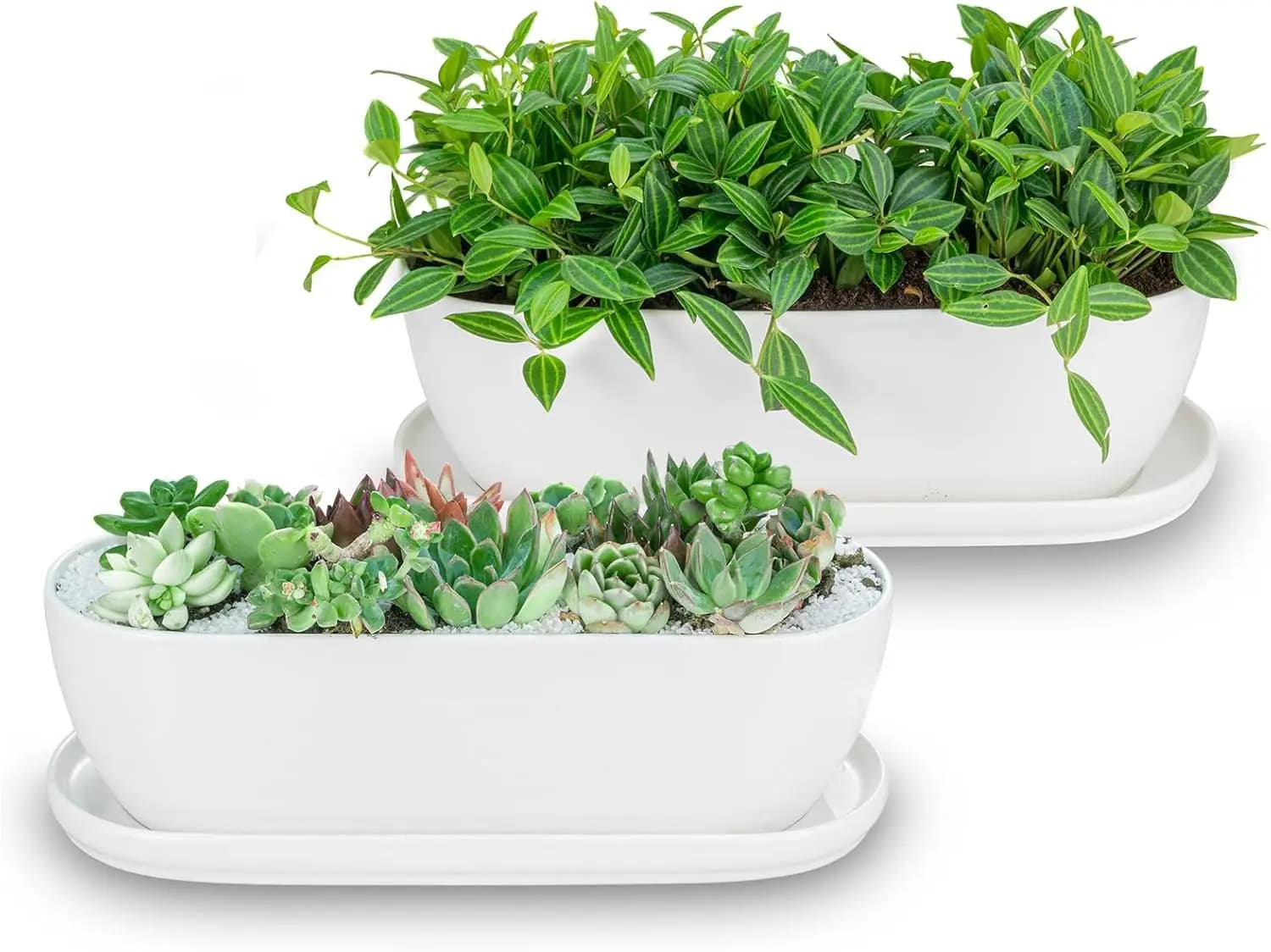 Set of 2 Ceramic Vases, 11+14 Inches with Drainage and Subvase Holes, Indoor Fat Plants and Flowers Pots, Mother's Gift