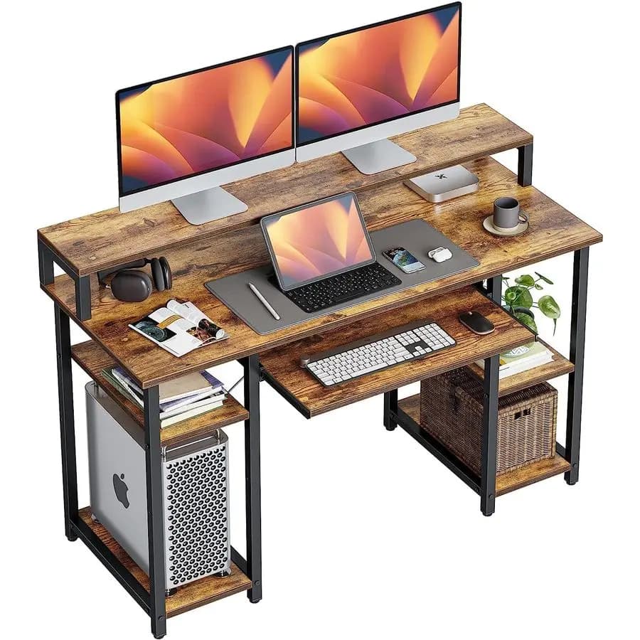 Computer Desk with Keyboard Tray, Office Desk from 47 Inches with Holder for Monitors and Storage shelves, Workplace for Music Studio