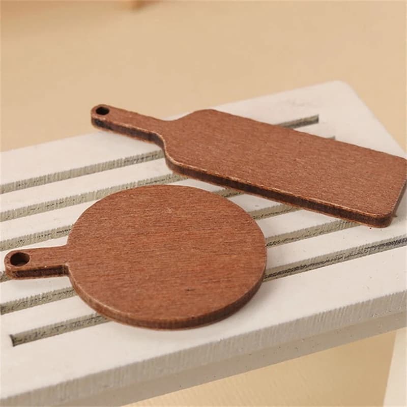 Set of 5 Pieces for Equipment Cooking scenes for Dolls, Wood cutting board with Handle, Mini Wood cutting board
