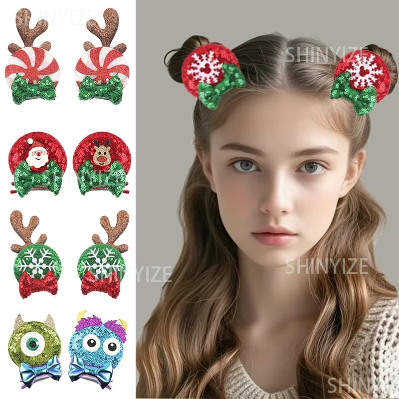 New Christmas 2.8'' Mouse Ears Disney Sequins Bow Clips Glitter Hairpins Girls Festival Cute Mice Barrette Hair Accessories Gift
