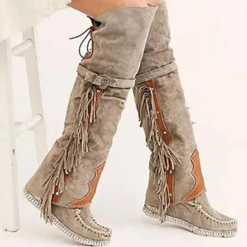 Fashion Bohemia Women's Knee Boots Ethnic Personality High Boots Nappe Synthetic Suede Boots Girl Flat Bottom Botas Mujer Long