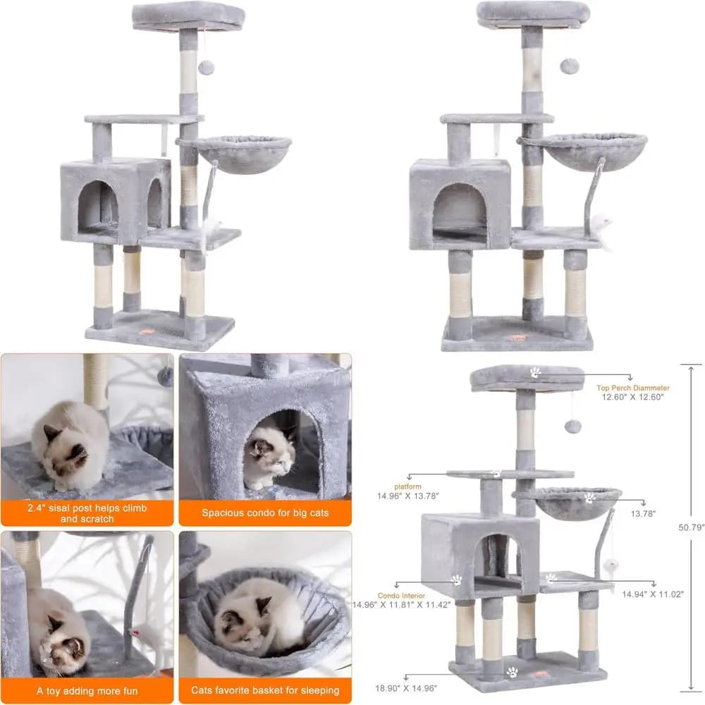 Torre per Gatti da Interno con Posatoio Imbottito, Amaca e Tiragraffi in Sisal, Grigio Chiaro
