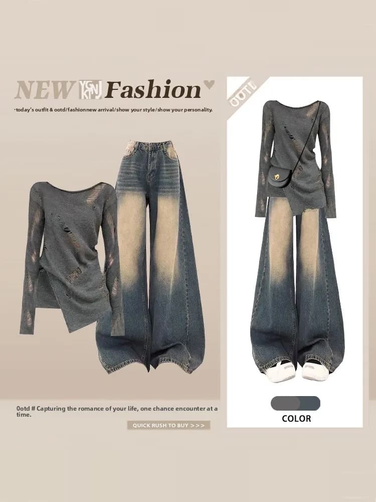 Set Due Pezzi Stile Americano Sexy con Maniche Lunghe e Spacco Irregolare, Jeans Vintage a Vita Alta per Donna