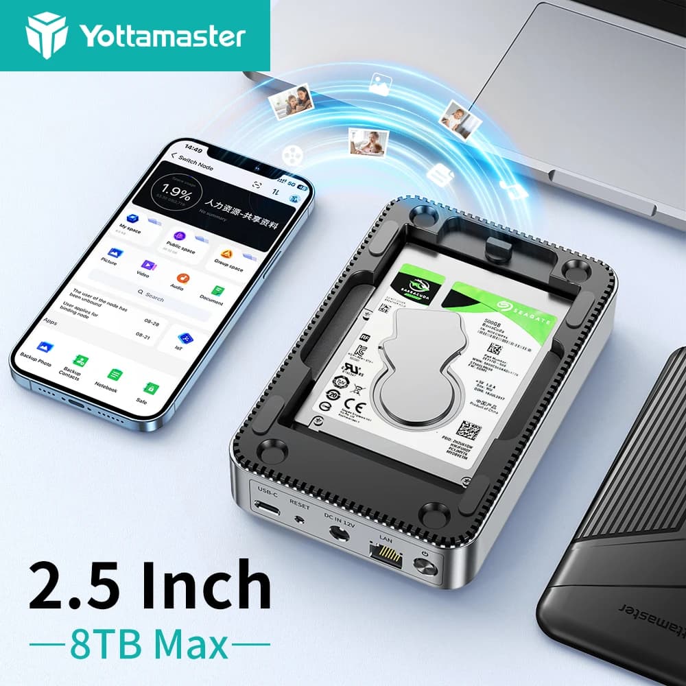 Archiviazione di rete Yottamaster con custodia per disco rigido SATA da 2.5 pollici NAS supporto per archiviazione Cloud privato Backup automatico, accesso remoto
