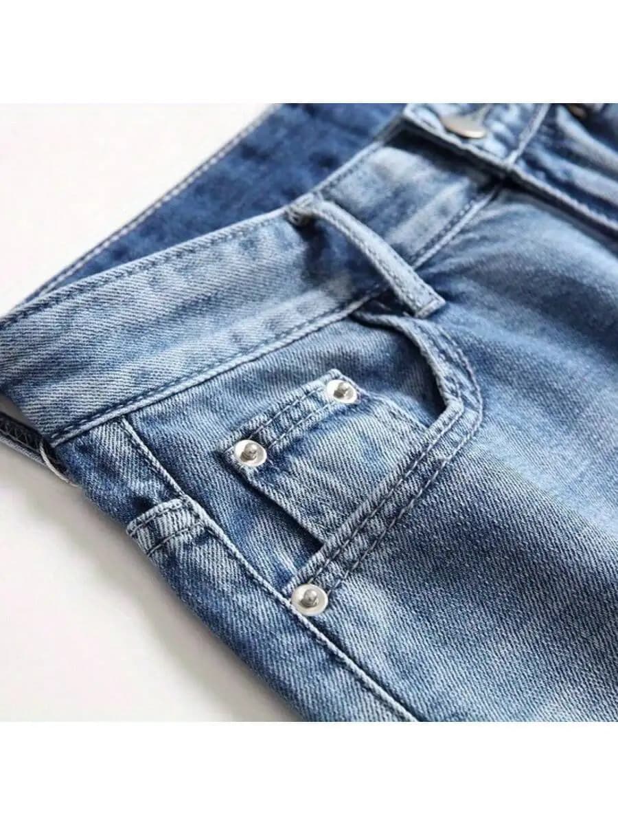 Mens Light Blue Ripped Denim Shorts Casual Slim Fit With Pockets Zipper Fly Summer