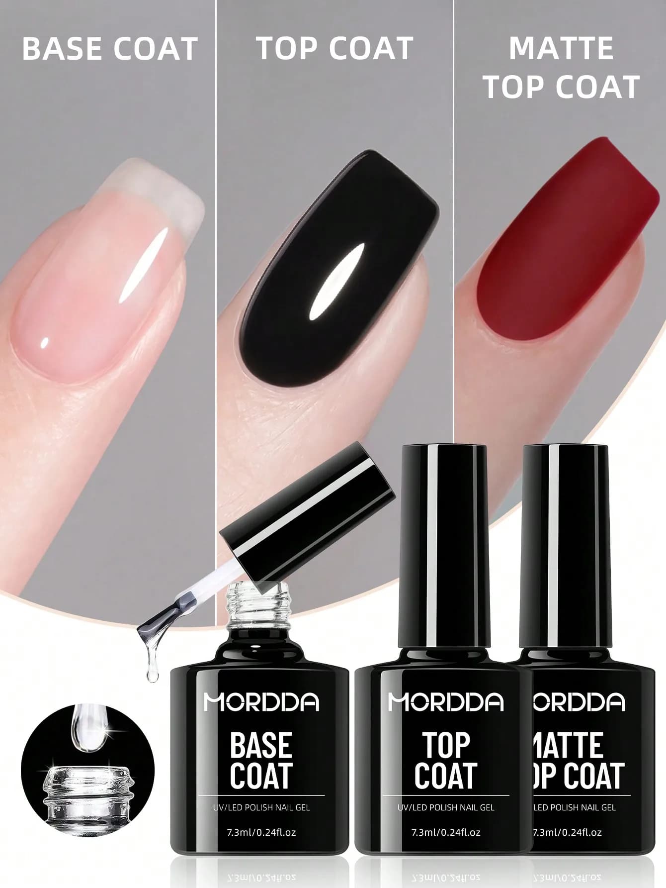 Cappotto base da 3 pezzi, top coat e top coat opaco. Soak Off Gel UV LED, 7,3 ml ciascuno. Lunga durata, alta lucentezza
