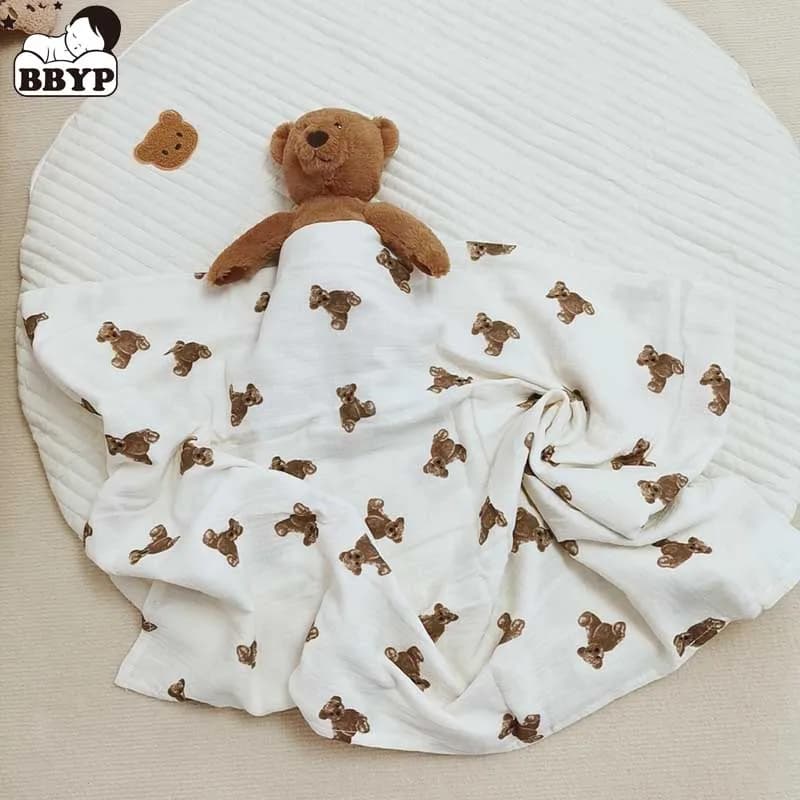 Children's sleeping bag bath towel with 2-layer cute bear print, wrapped in muslin