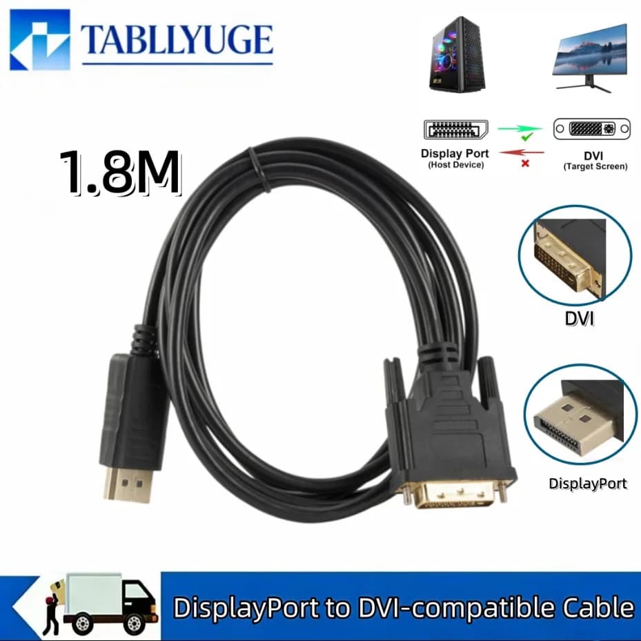 Cavo compatibile da DisplayPort a DVI, adattatore da DP a DVI 1080P da 1,8 m per PC desktop, laptop, TV, monitor, proiettore