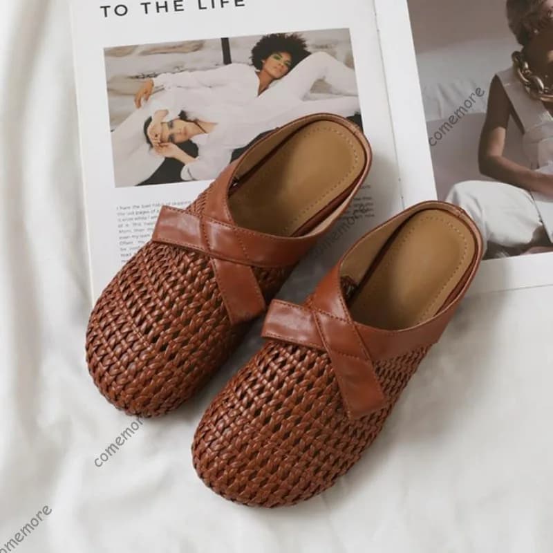 Mules da donna intrecciate traforate con fiocco, a punta chiusa, traspiranti, slip-on, senza tacco, casual, per l'uso quotidiano estivo
