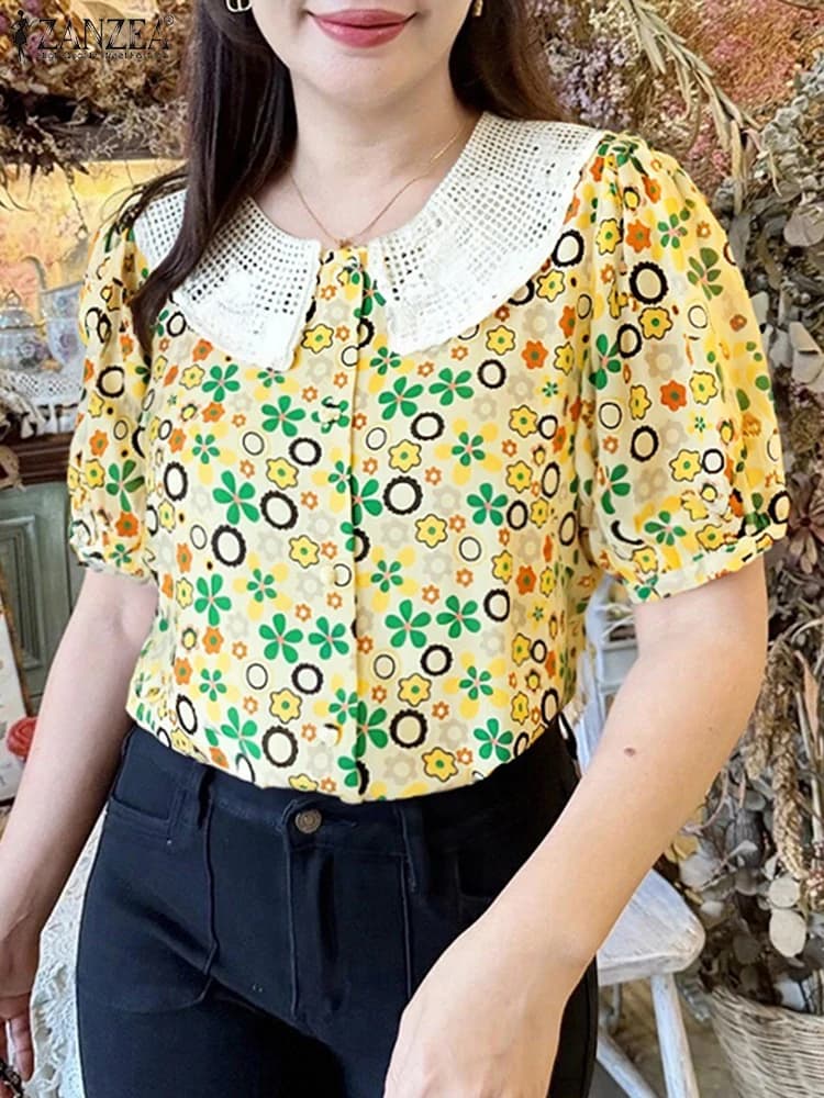 ZANZEA Fashion Printed Shirts Women's Shirts 2025 Summer Bohemian Holiday Tunica Top Short sleeves Bouquets Casual Blusas loose