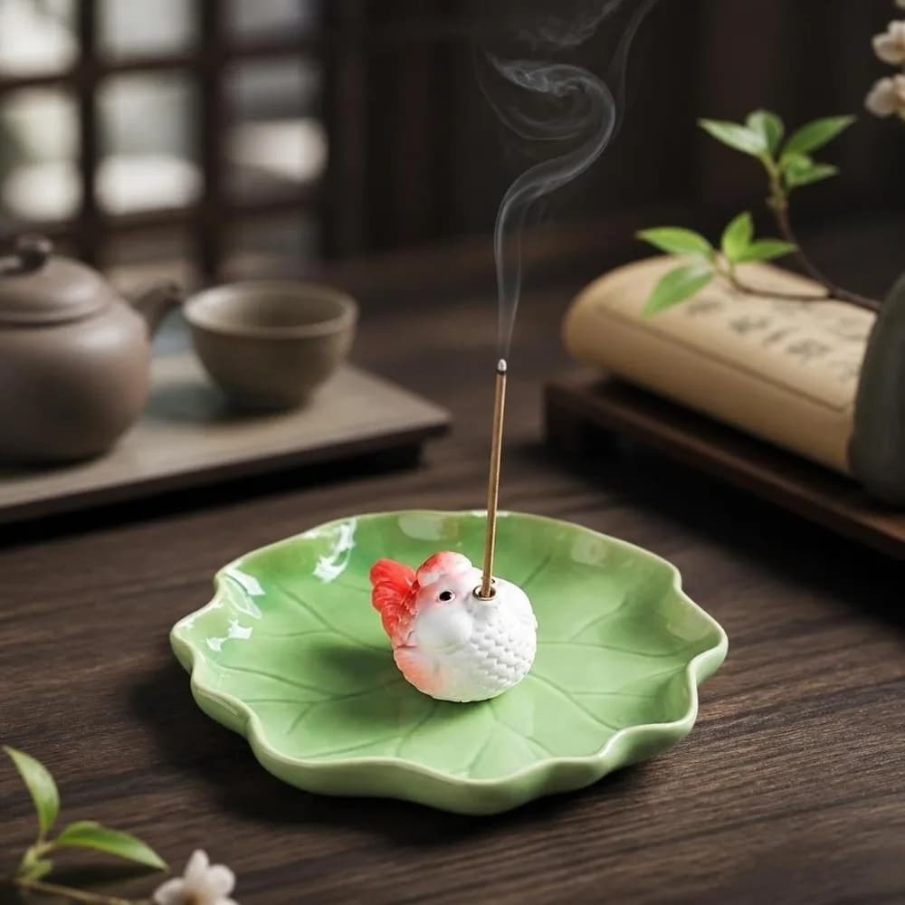 Zen Chinese Style Incense Burner Ceramic Frog Incense Stick Burner Lotus Flower Leaf Tabletop Incense Base Zen Space