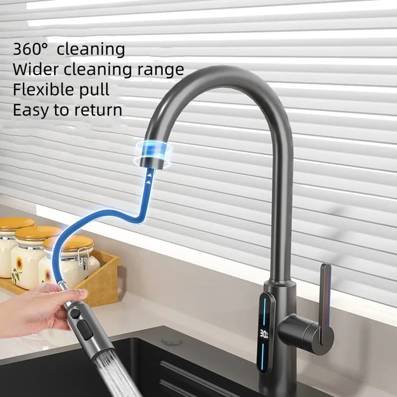 Rubinetto per lavabo con display digitale a temperatura a cascata Sollevare verso il basso Spruzzatore a flusso Miscelatore per lavello acqua calda fredda Rubinetto per lavaggio per cucina