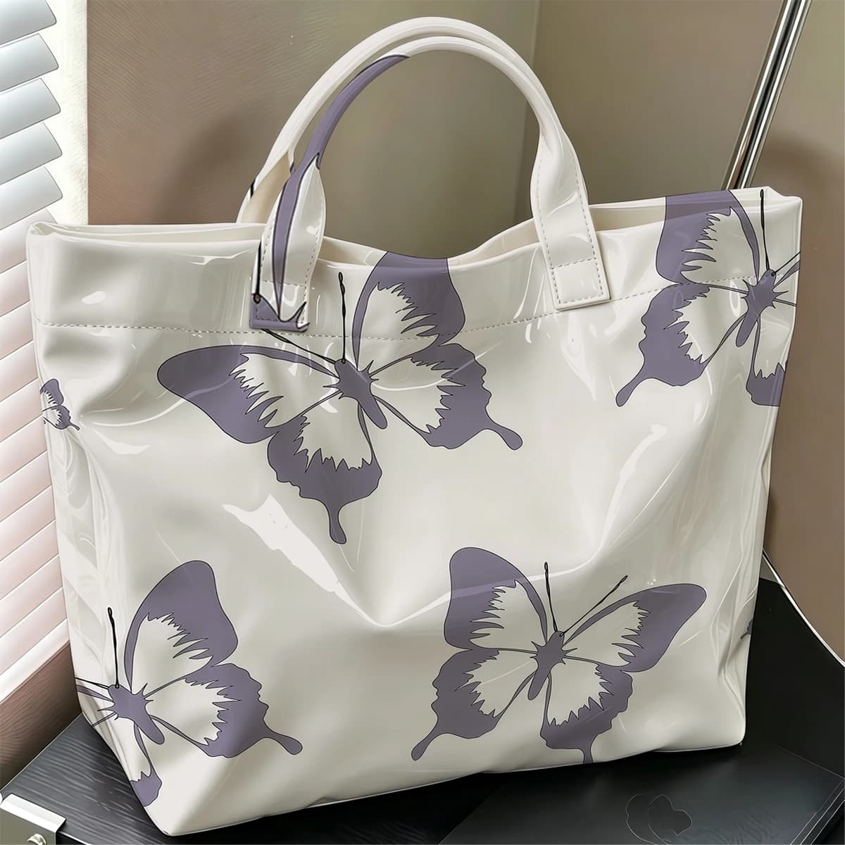 Purple Butterfly Hot Sale Large Glossy PVC Tote Bag Hand Washable Waterproof Great for Travel Commute Makeup Storage Handbags