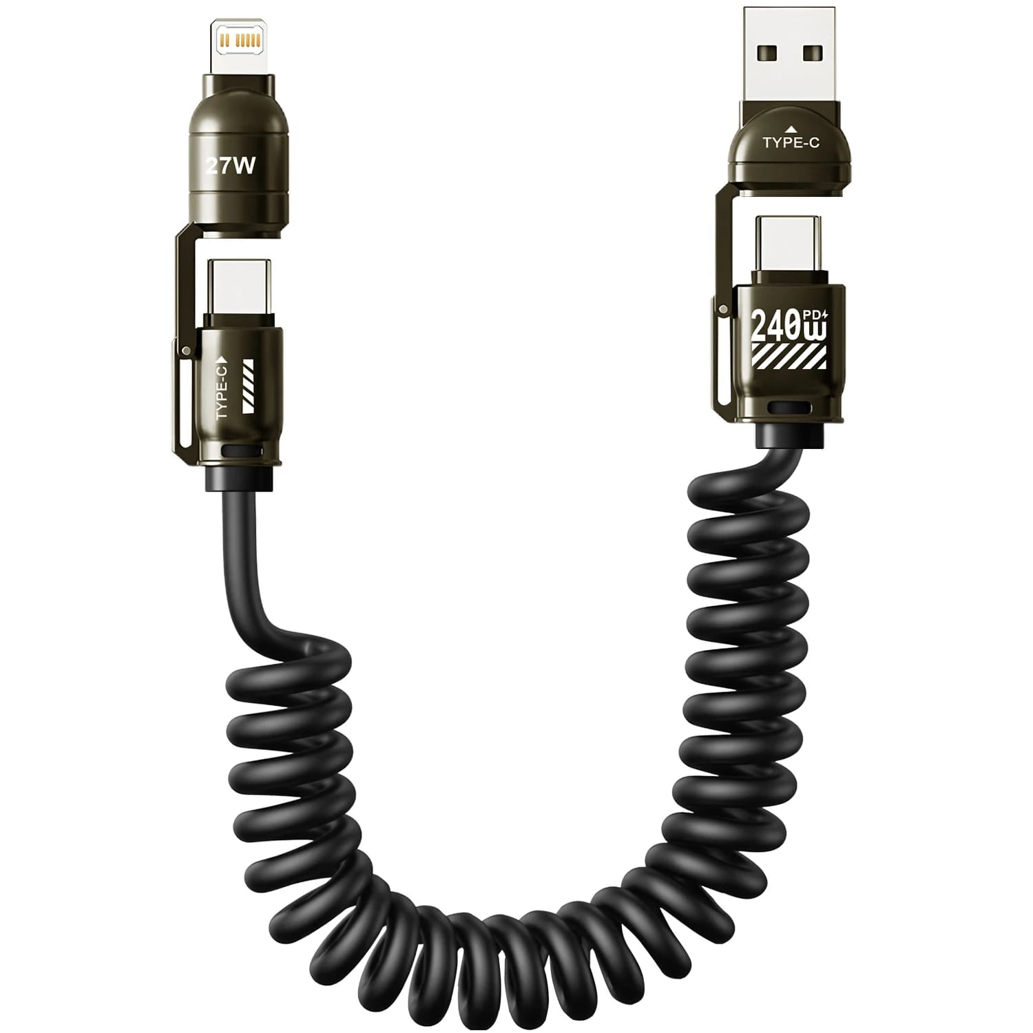 Cavo dati per auto a molla 4 in 1 a ricarica rapida da 240 W compatibile con CarPlay per iPhone Samsung Huawei iPad Cavo di ricarica USB C