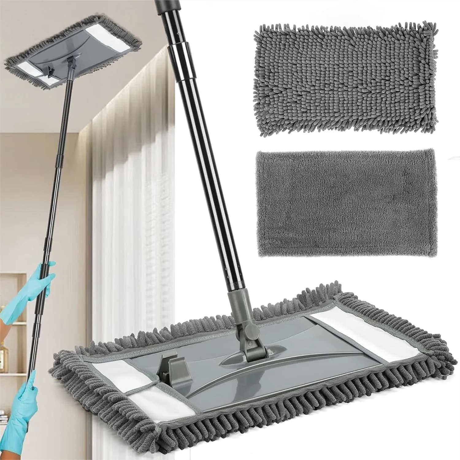 Wall Cleaner Mop with Long Handle, 2 Reusable Pads for Walls, Ceilings, Floors