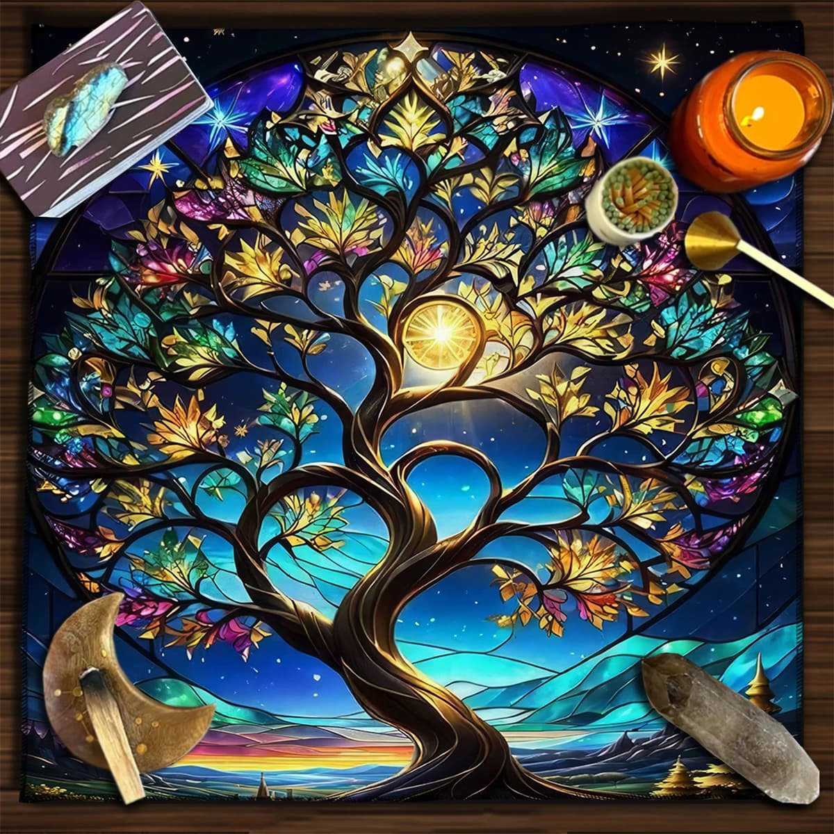 Vivace albero della vita Tarocchi Tovaglia Stregoneria Altare Decorazione in stoffa con fogliame autunnale e notte stellata Oracle Card Pad Decorazioni per la casa