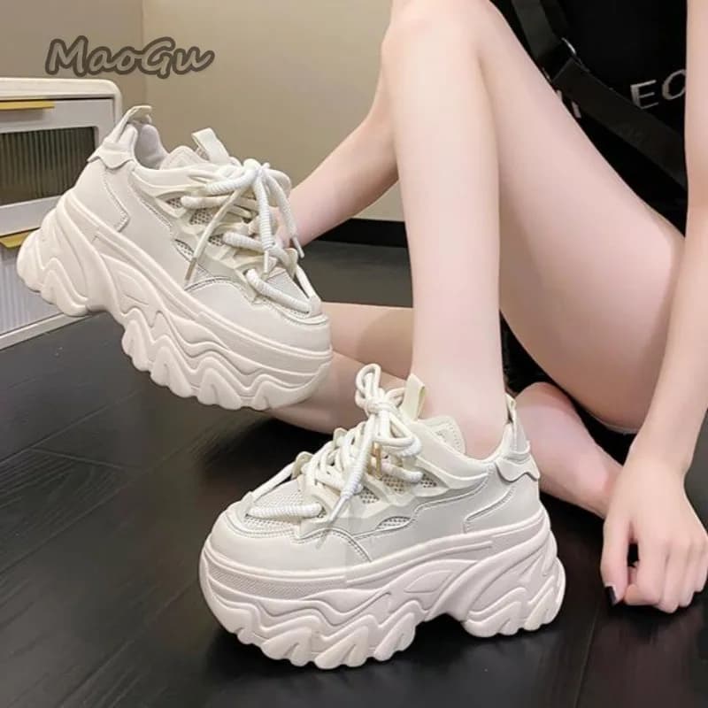 Sneakers da Donna con Rete Traspirante, Suola Alta e Lacci, Scarpe Casual Traspiranti Stile Streetwear