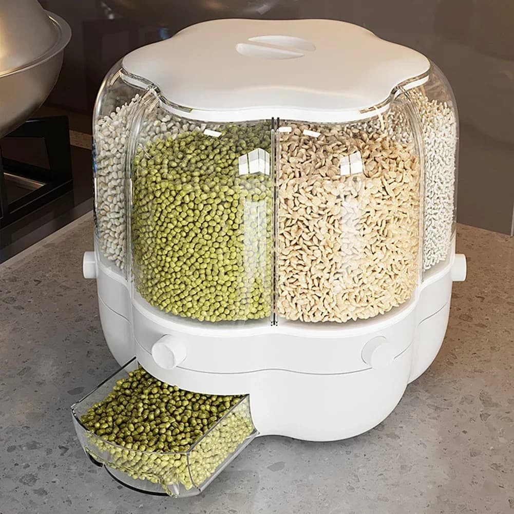 Scatola portaoggetti sigillata da cucina Dispenser di cereali multifunzionale Contenitore rotante per cereali di farina Accessori per la conservazione della casa