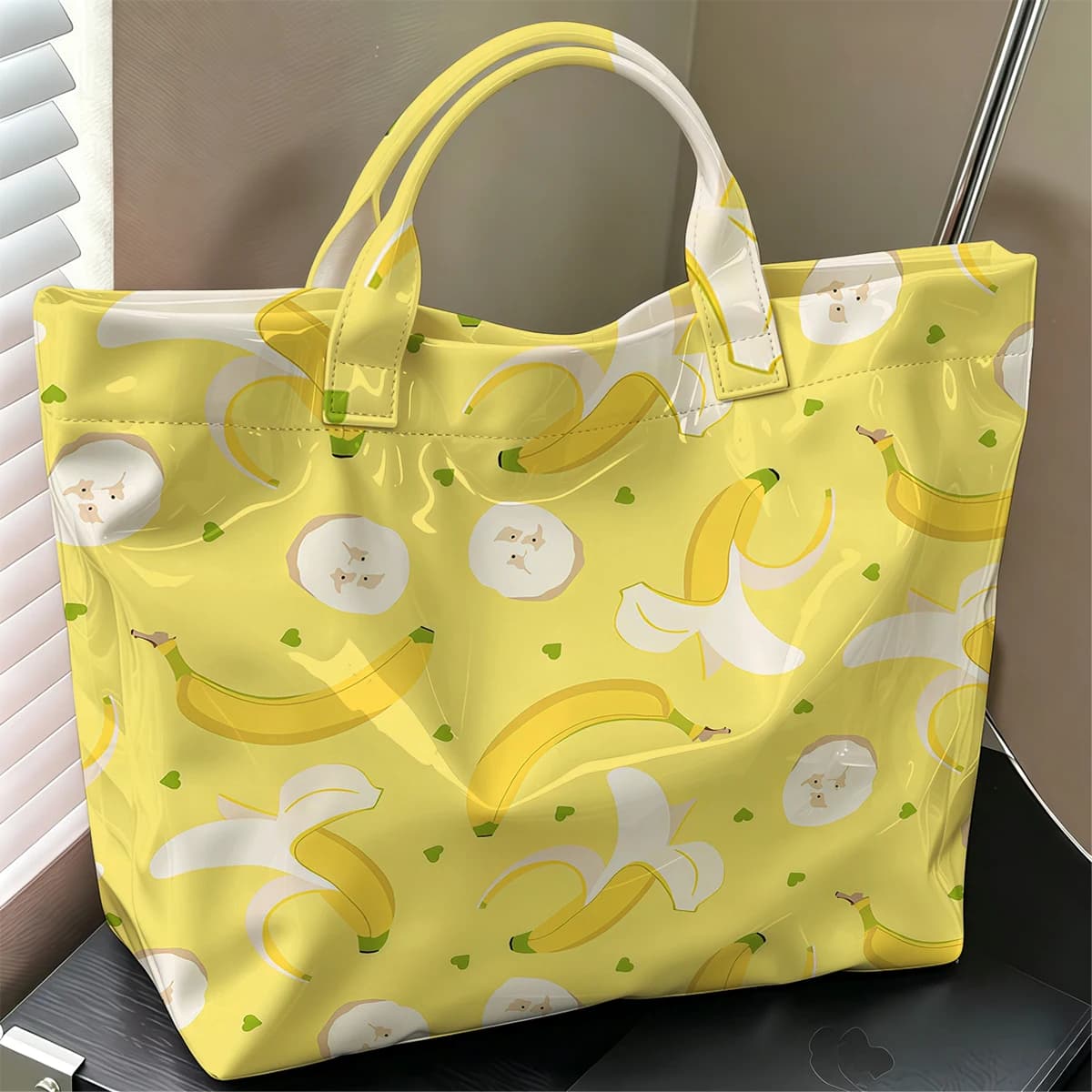 Banana Pattern Fashion Large Glossy PVC Tote Bag Hand Washable Waterproof Perfect Travel Commute Cosmetic Storage Shopper