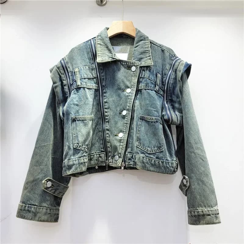 Giacca di jeans multi-cerniera Donna Cappotto corto blu grigio Colletto couverture Giacca di jeans casual primaverile monopetto Chaqueta Mujer