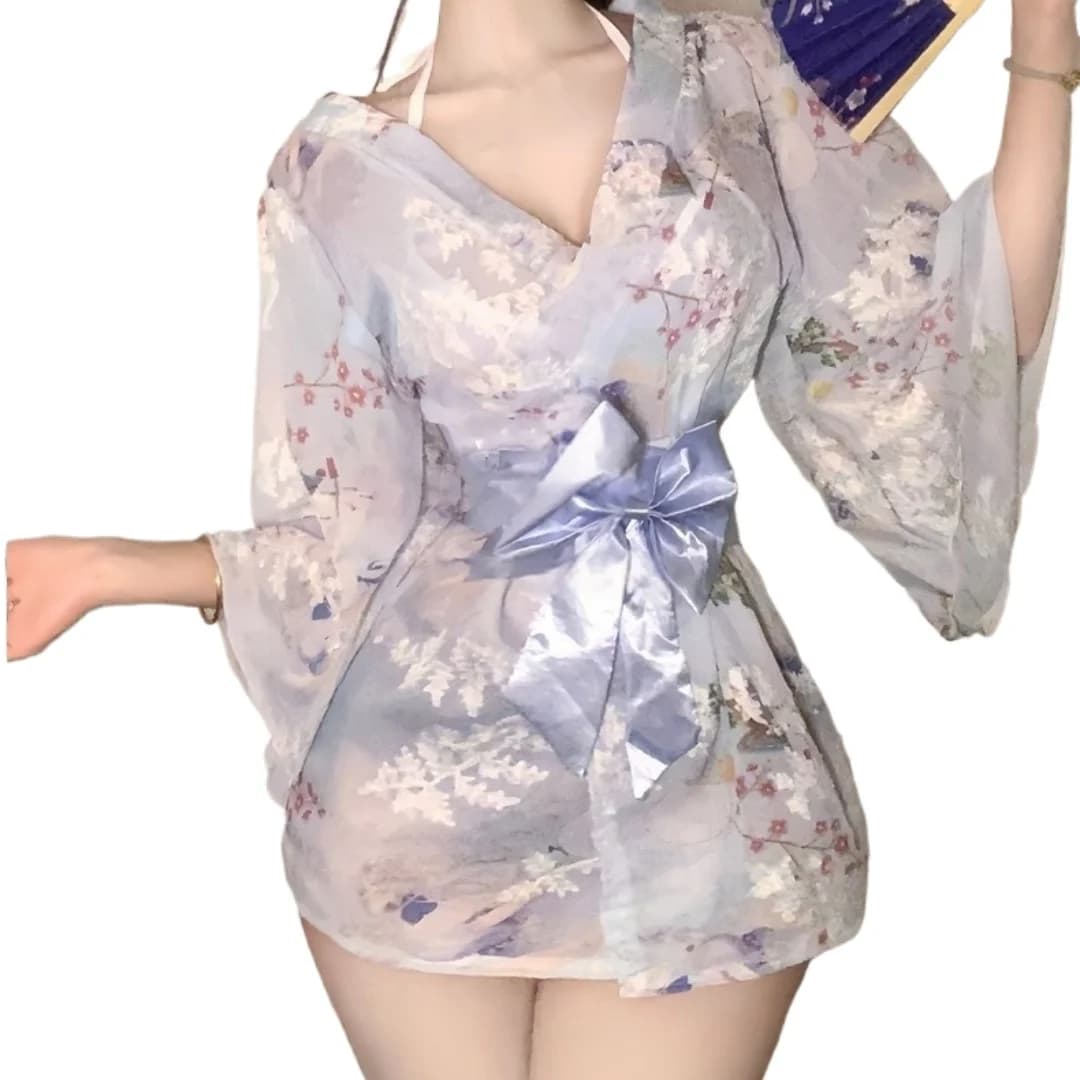 Nuovo 2026 Tokyo Goddess Girl Dolce Fiocco Sexy Stampa Ricamata Kimono Vestaglia in Chiffon Camicia da Notte Lingerie Erotica Costume Cosplay