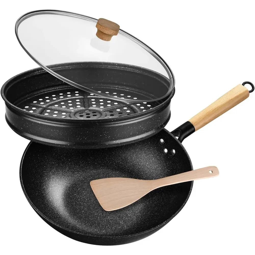 Wok 12-inch Anti-adhesive with Steam Cooking Basket, Jumping Plate and Multifunctional Tool for Induction and Gas Plans