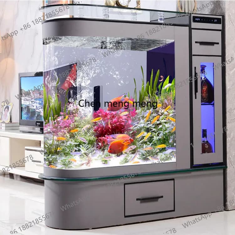 Acquario da soggiorno con mobile portabottiglie, divisorio a parete con mobile d'ingresso, acquario in vetro di medie e grandi dimensioni