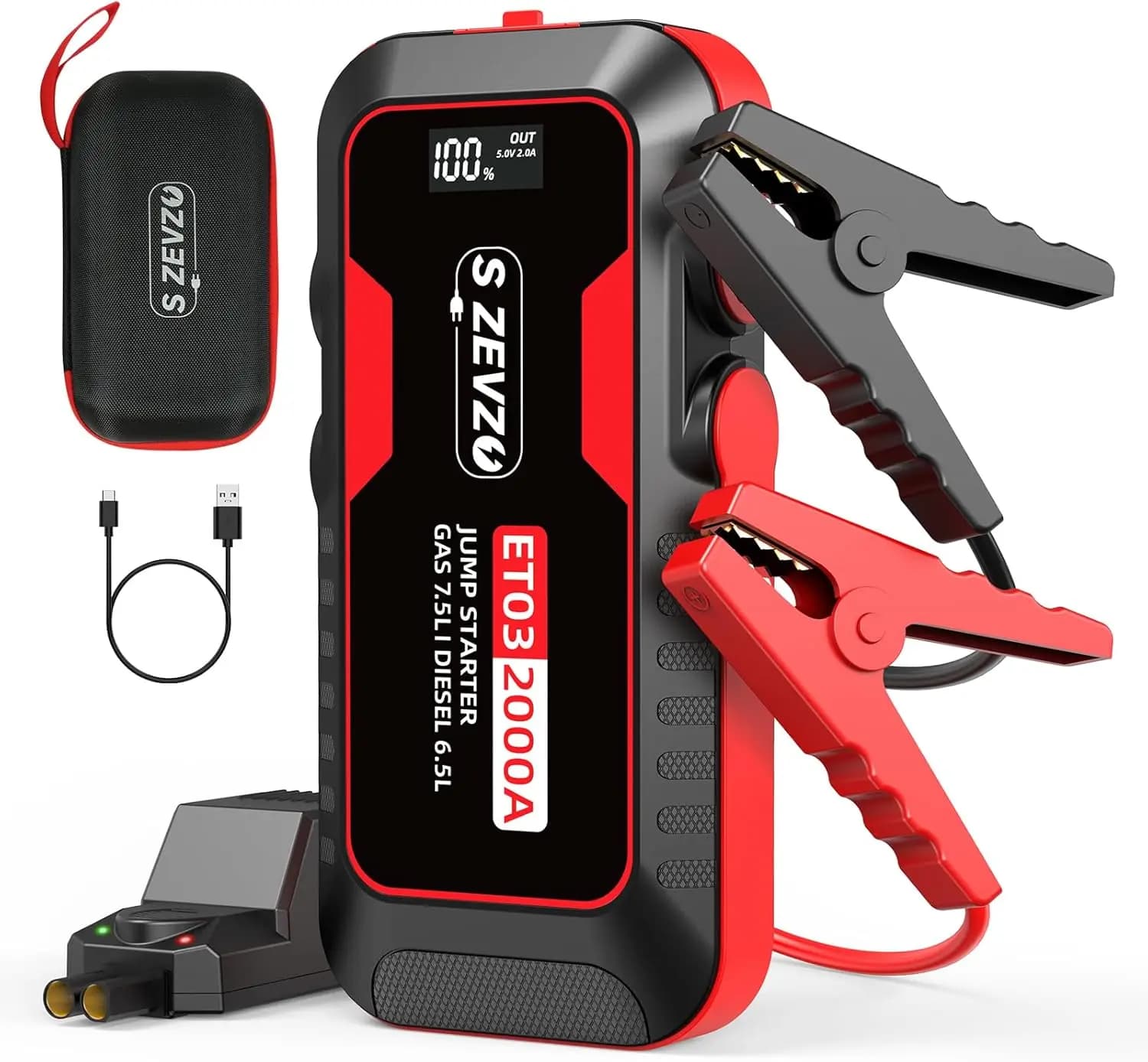 ET03 2000A Jump Starter 12V portatile con USB, LCD, luce LED, 59,2 Wh per gas 7,5 litri e 6,5 litri Diesel