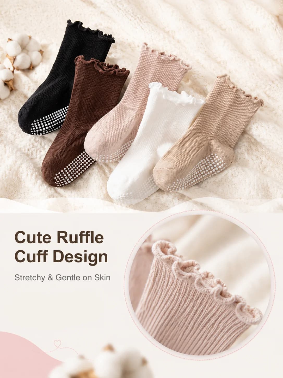 5 pairs of girls' fungus border sliding socks, baby's indoor insulated socks, comfortable mid tube socks for children