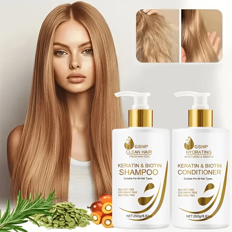 GSWP Keratin Biotin Shampoo & Conditioner, with Collagen and Castor Oil, Large Size, Deep Moisturizing.250g+250g