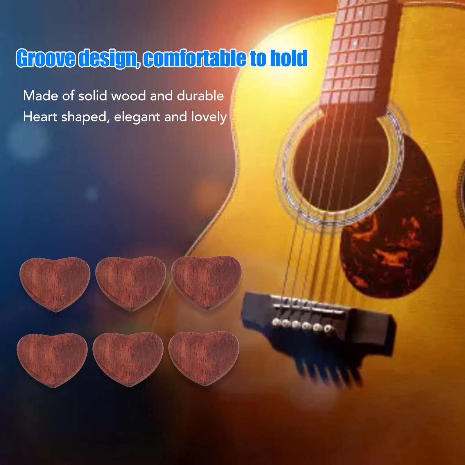 6 plettri per chitarra in legno a forma di cuore, superficie liscia senza sbavature, accessori per chitarra, perfetti come ricambio, facili da usare per chitarristi