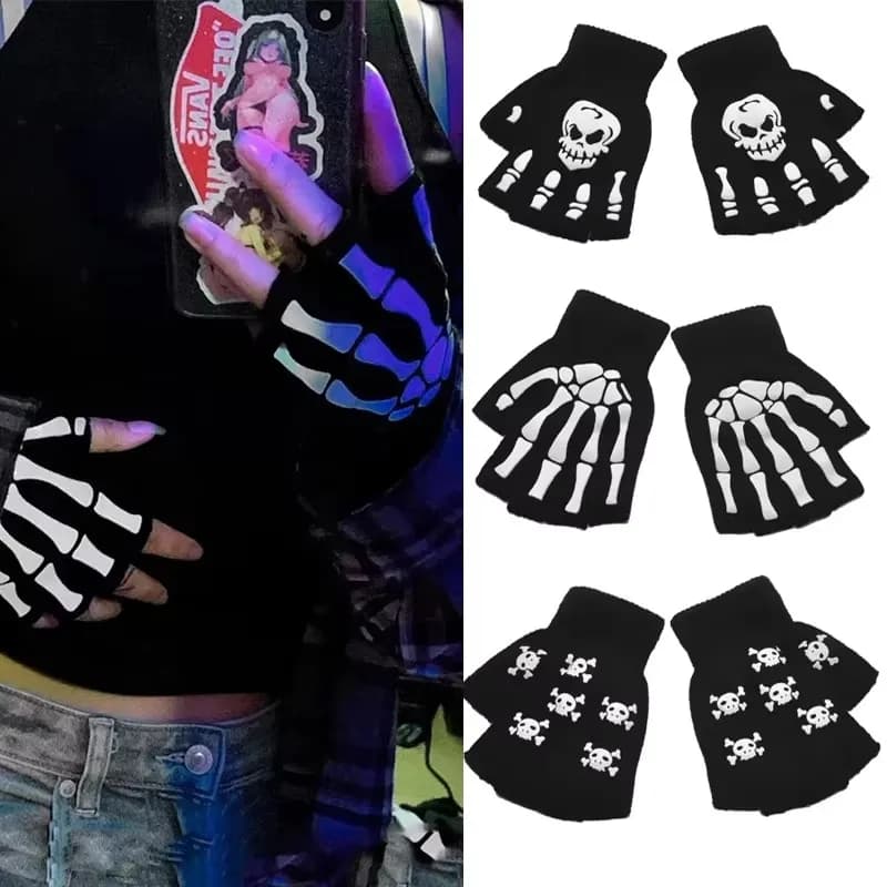 1-3 paia di guanti punk unisex per Halloween, guanti senza dita con teschio di scheletro, guanti invernali senza dita elasticizzati che si illuminano al buio