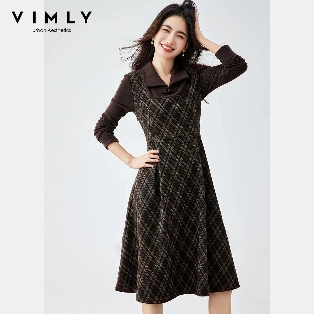 VIMLY Abito Lungo da Donna a Due Pezzi Effetto Sottoveste, Nuovo Stile Cinese Autunno 2026, con Colletto a Risvolto e Fantasia Scozzese, Linea ad A, Elegante per l'Ufficio A3177