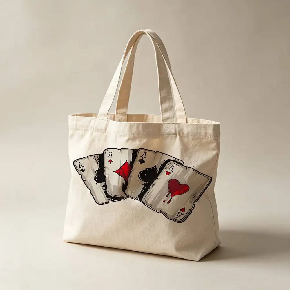 Lucky Card A Canvas Tote Bag Waterproof Lining Large Capacity Reusable Shopping Bags Casual Student Daily Handbag