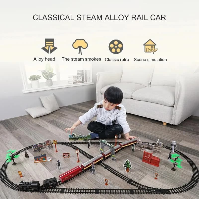 Set di treni per il trasporto a vapore retrò: illuminazione e simulazione del suono dei binari ferroviari, adatto per regali di giocattoli educativi per bambini