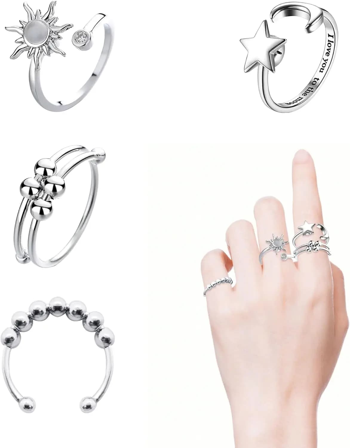 Set di 4 Anelli Antistress per Donne, Regolabili, in Acciaio Inox con Perline Rotanti Sole Luna Stella