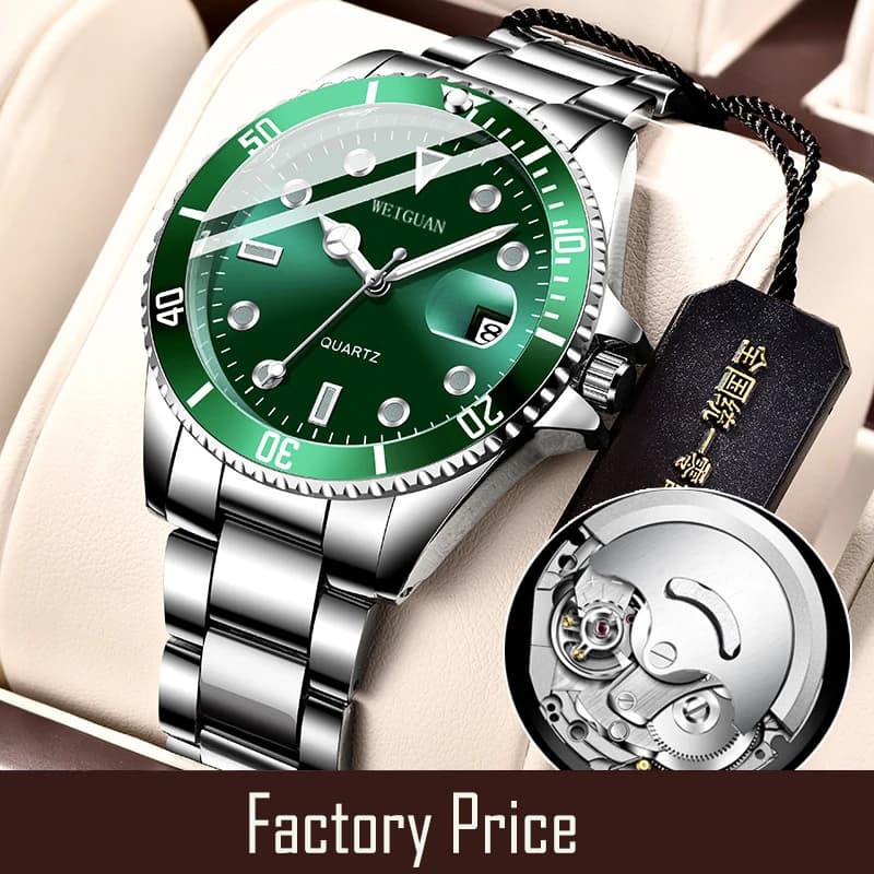 Men's Multifunction Sports Watch Luminous Calendar Green Waterproof Quartz Mechanism Wrist Watch with Steel Strap with Cable Casebac
