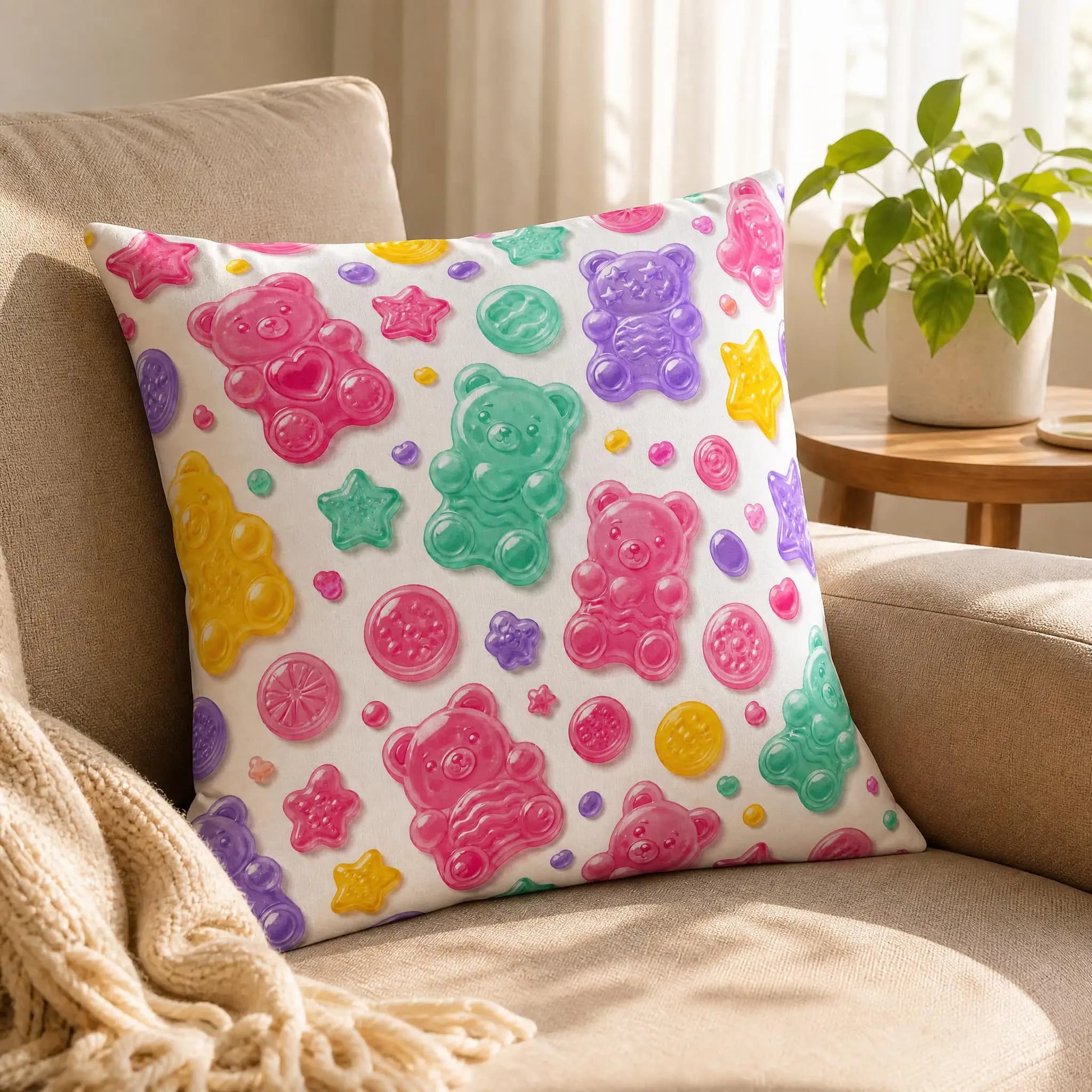 Kawaii Gummy Bear Pillow Cover Colorful Pastel Jelly Candy Star Lollipop Print Sweet Aesthetic Kids Sofa Couch Decorative Cushio