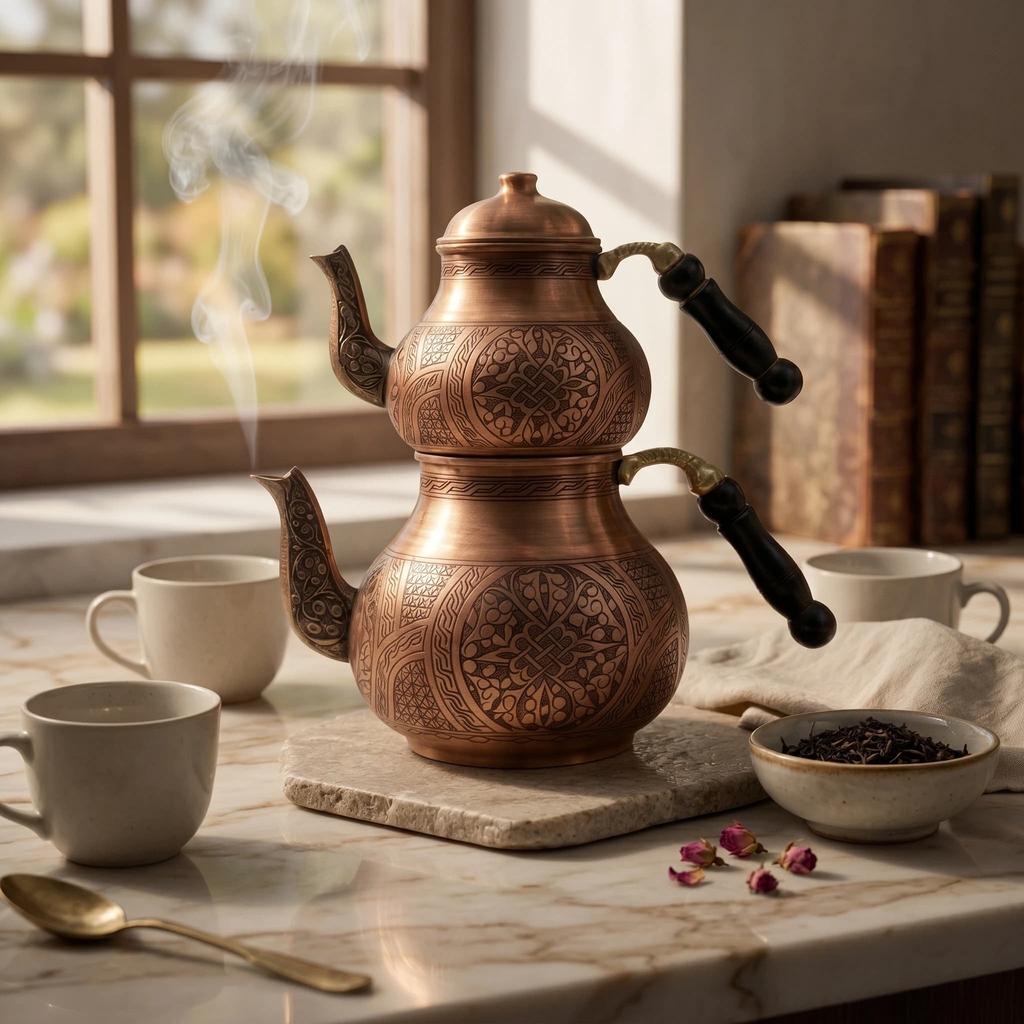Mother-Son Teapot Embossed Floral Copper Teapot Stacked Kettle Geometric Carving Drinkware Gas and Electric Cooktop