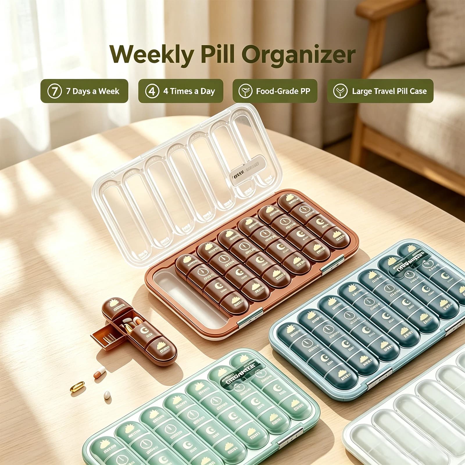 New Weekly Pill Organizer 28 Compartment Large Capacity Travel Pill Case Food-Grade PP for Vitamin Supplements Medicine Case