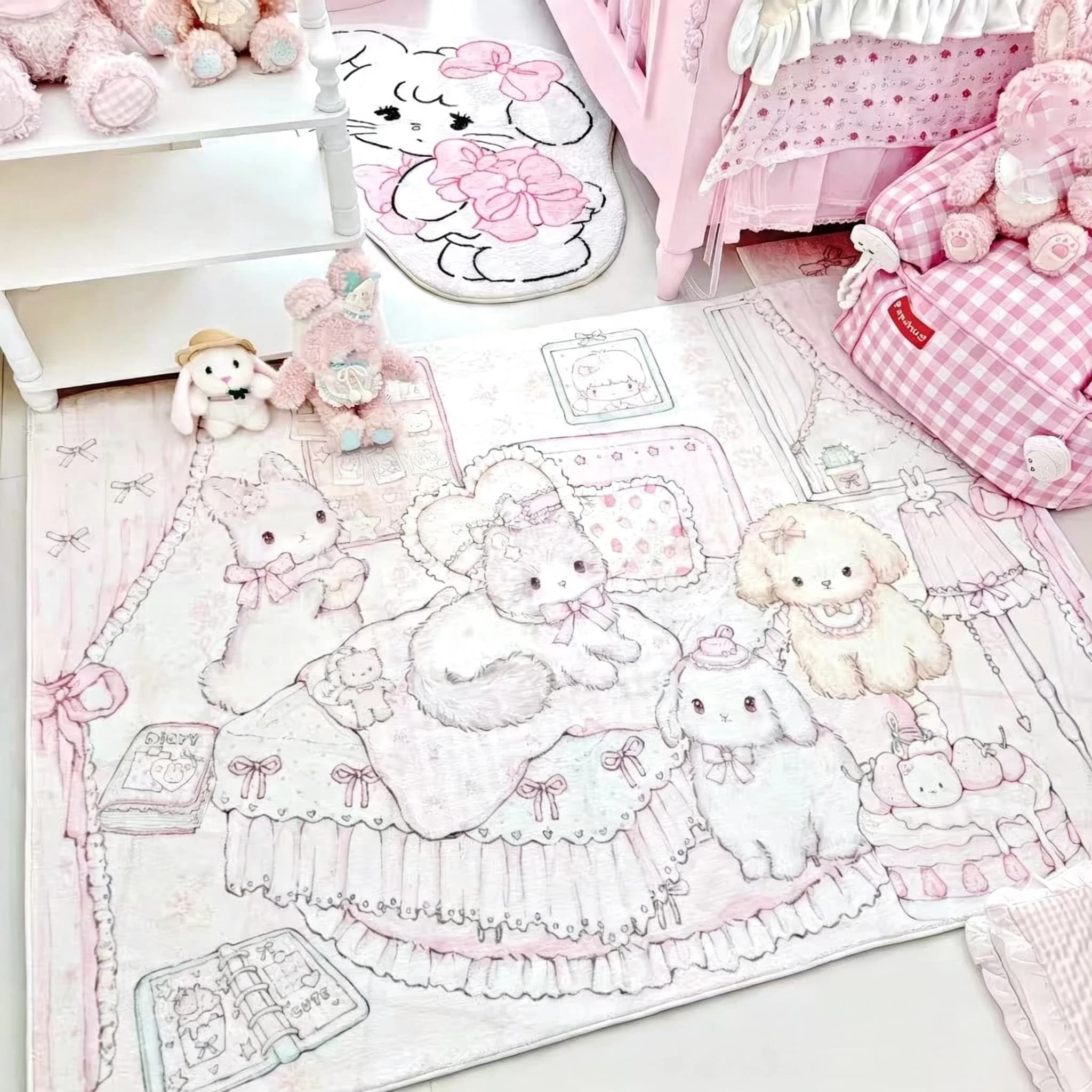 INS Korean Bear Rabbit Carpet Coffee Table Rug Bedroom Bedside Rug Faux Cashmere Non-slip Thickened Floor Mat Foot Mat Cute Gift