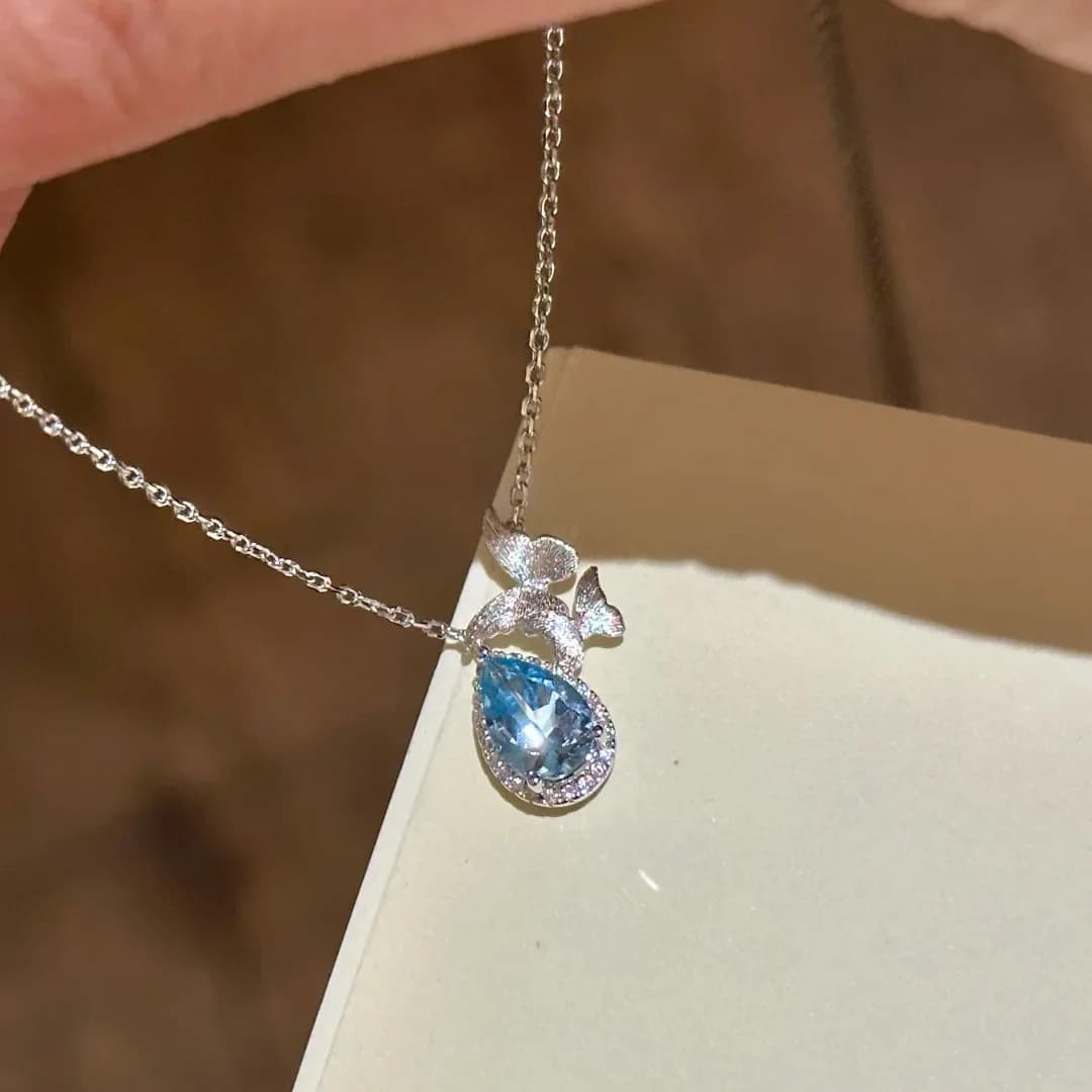 Collana creativa in argento 925 con farfalla spazzolata, pietra preziosa blu mare, goccia d'acqua, pendente, collare di lusso, catena, gioielli da sposa