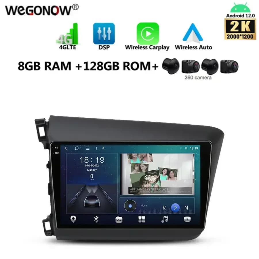 2K 2000*1200 Carplay Auto Android 13.0 8G + 128G CanBus Lettore DVD per auto GPS Mappa WIFI Bluetooth Radio per Honda Civic 2012 2013-2015