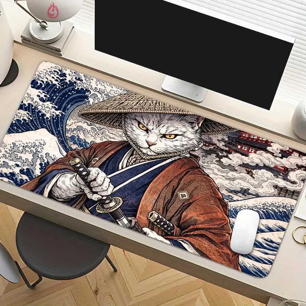 Tappetino per mouse a tema Ukiyo-e con gatto samurai, tappetino per mouse da ufficio antiscivolo, tappetino da scrivania con bordo cucito, accessori per PC, tappetini da gioco