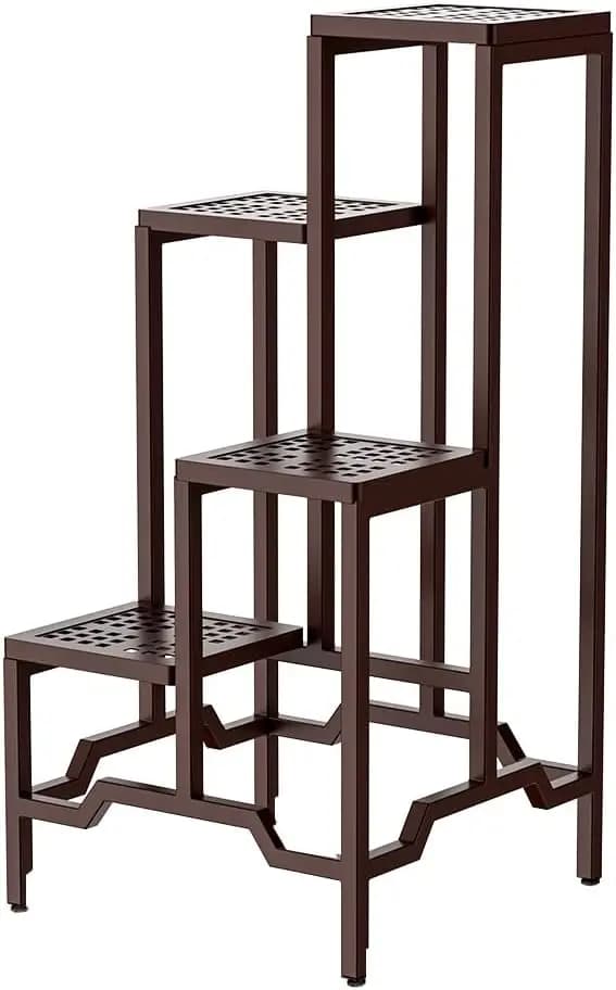 4-Tier Rustproof Waterproof Aluminum Plant Stand Metal Flower Display Rack Stable Plant Pot Holder Indoor Outdoor for Living Room Balcony Garden Office, Brown