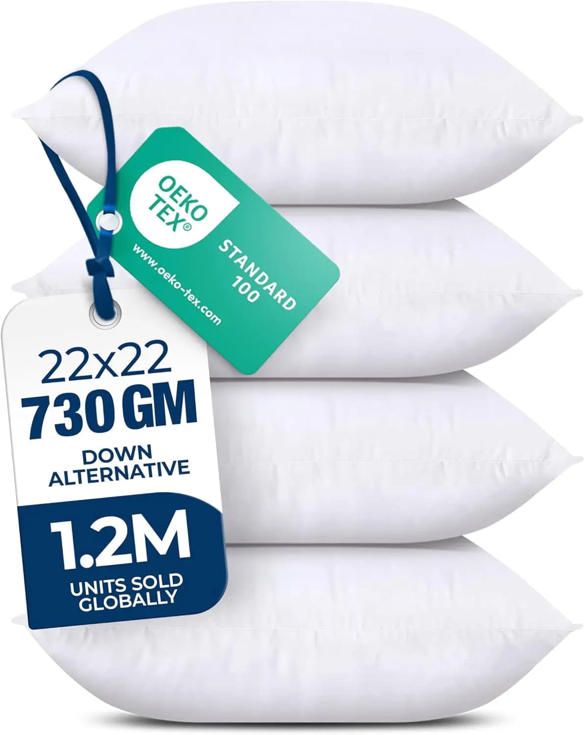 Set of 4 Pillows in Feather, White, 22x22 Inches for Bed, Sofa, Interior and Exterior Furniture